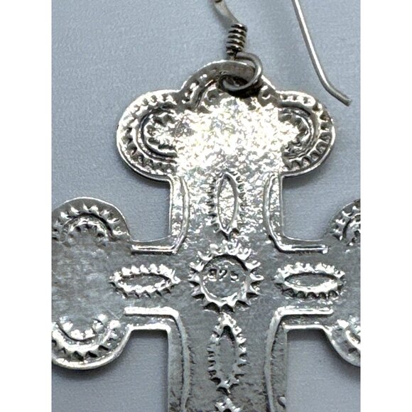 925 Sterling Silver Cross Dangle Earrings Southwestern Boho Stamped Large Drop - Picture 6 of 8